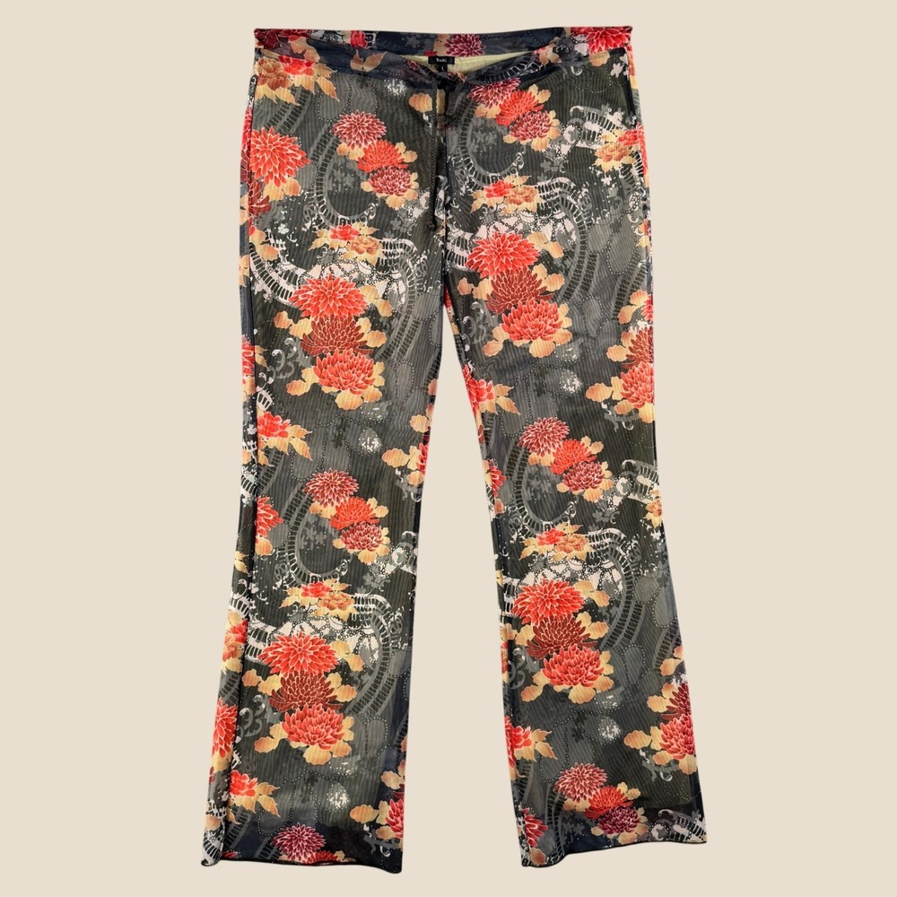 Buki Mesh Flare Pants Womens L Gray Floral Sheer Dragon‎ Y2K Cyber Festival Boho